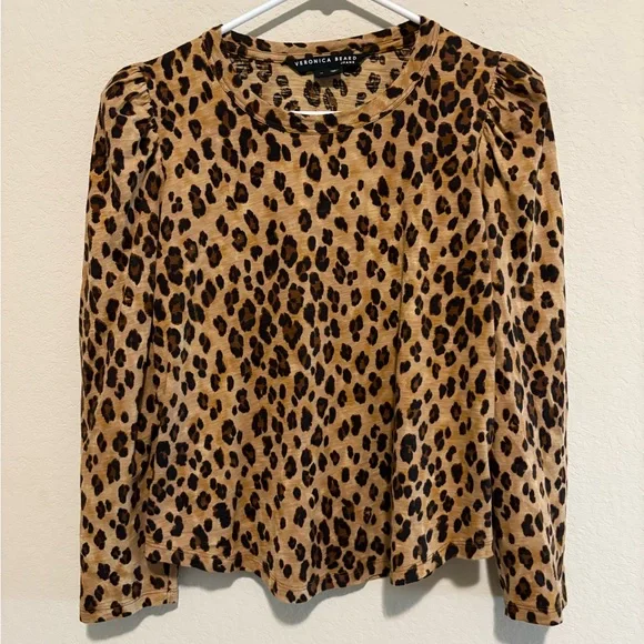 Veronica Beard Brown Leopard puff sleeved Long Sleeve Top - Picture 2 of 5